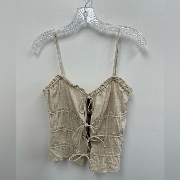 H&M Beige Linen Blend 2 Piece Pant Set Ruche Tie Front Top Wide Leg Size XS/S - Picture 8 of 15